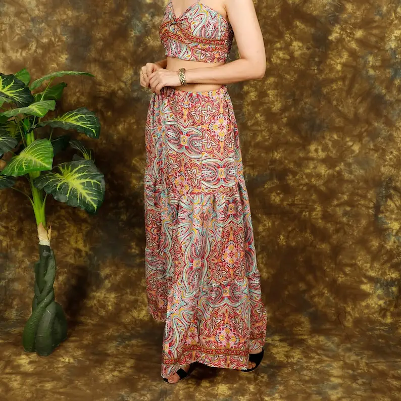 Elastischer Gürtel Boho-Rock bohème Kleidung indische schöne mehrfarbige Patchwork 100% Baumwolle langer Rock für Damen