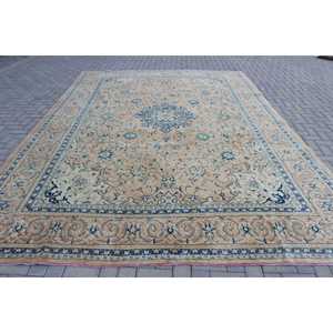 Tapis vintage surdimensionné 13,1 x 9,5 pieds, tapis turc en laine bleu et marron à bordures - Product Image 1