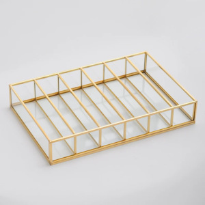 ถาดแก้วพาร์ติชันหลายช่องขายดีพร้อมกรอบโลหะสีทองสำหรับจัดระเบียบเครื่องประดับ - Product Image 1