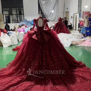 فستان سهرة جانسمبر XS257 باللون الأحمر النبيذي مزين بالخرز الثقيل بأكمام طويلة لحفلات الزفاف والاحتفالات الملكية - Product Image 6