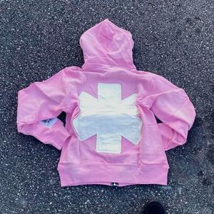 Alta calidad personalizado 100% algodón pesado Zip Up Vintage Sun Faded ácido lavado apliques desgastado bordado sudaderas con capucha para hombres - Product Image 6