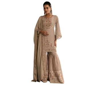Beige crêpe stampato Kurta Sharara con Dupatta e pot Bag per eventi festivi all'ingrosso matrimoni incontri culturali OEM - Product Image 1