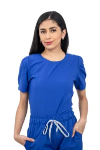 Conjunto exfoliante azul metálico antifluido para mujer con top de cuello redondo y pantalones elásticos para correr, bolsillos cargo (Personalizado)