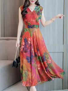 Vibrant <b>Romantic</b> Multi Color Wrap Tea-Length A-Line <b>Dress</b> Contrast Chiffon Sleeveless V-Neck Floral Breathable <b>Dress</b> - Product Image 4