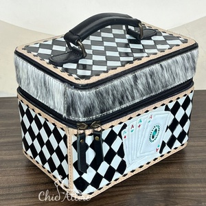 Western Style Hand Tooled Cowhide Leather Jewelry Organizer with Velvet Interior & Checkered Playing Card Pattern Jewelry Box - Product Image 1