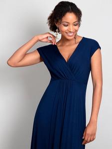 เดรสแม็กซี่สีฟ้าสำหรับผู้หญิงคอวีทรงหลวมผ้าเรยอนผ้า100% ทึบ - Product Image 4