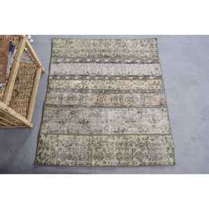 Tapis classique en laine à rayures beige 3.1x3.6 pieds Style turc vintage avec support en latex pour motif rectangle de couloir de salon - Product Image 1