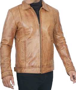 Veste en cuir marron pour homme, haute qualité, coupe ajustée, style vintage, col montant, logo frontal, coupe-vent et respirante pour l'hiver - Product Image 4