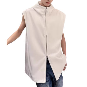 Personnalisé été hommes décontracté sans manches blanc à capuche 3D brodé lettre conception épaisse épaule gilet métal fermeture éclair lavé - Product Image 1