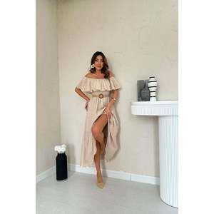Beige Off-Shoulder Broderie Anglaise <b>Dress</b> - Beige - Product Image 2