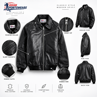Blouson universitaire en cuir noir pour homme avec logo personnalisé, blouson bomber d'hiver, poignets en tricot côtelé, vêtements de rue, vestes en cuir OEM