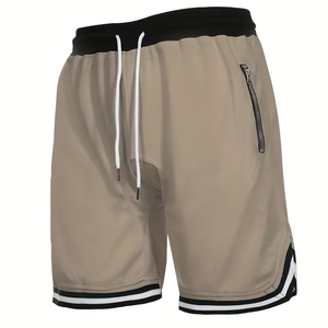 Short de sport pour homme Short de basket-ball respirant avec cordon de serrage Poches à fermeture éclair Short de sport d'été teint en plaine - Product Image 3
