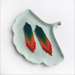 Green Coral and <b>Red</b> Beaded <b>Earrings</b> Chandelier <b>Earrings</b> Gradient Fringe <b>Earrings</b> Ombre Long <b>Earrings</b> Dangle Beadwork <b>Earrings</b> - Product Image 1
