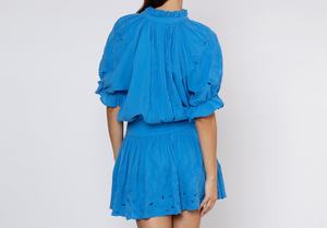 Elegant Blue Paisley Embroidery Blouson Dress 100% Cotton Midi Length Loose Waist V-neck Bohemian Tassel <b>Slip</b> Cut Woven Design - Product Image 2
