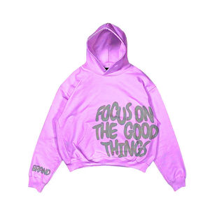 Sudadera con Capucha Oversize para Hombre, Color Morado, Algodón French Terry, Estampado, Corte Regular, para Otoño, con la Frase "Focus On The Good Things" - Product Image 3