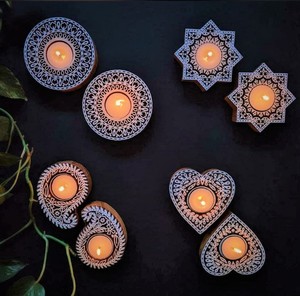 Soporte de luz de té de diseño Floral, bloque de madera, decoración del hogar - Product Image 3