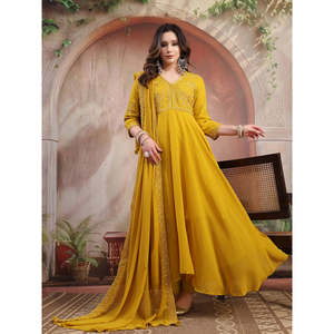 ชุดอานาร์กาลีปักลายมัสตาร์ดสำหรับผู้หญิง พร้อมผ้าคลุมไหล่ ผ้าจอร์เจตต์และผ้าไหม ชุดพื้นเมืองอินเดีย ชุดปากีสถาน ชุดสัลวาร์ - Product Image 4