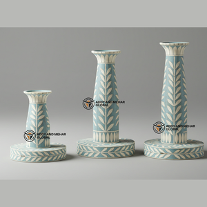 Un fournisseur indien propose un bougeoir fait main en incrustation d'os bleu clair avec motif floral et chandelier décoratif - Product Image 1