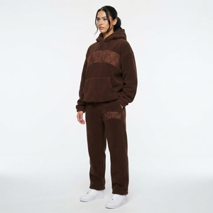 Womens Brown <b>Sherpa</b> Fleece Hoodie Tracksuit Set Pullover Sweatshirt <b>Jogger</b> Pants Matching Casual Loungewear - Product Image 1