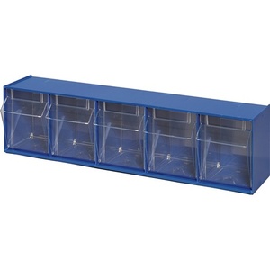 Paquete de 5 archivadores de plástico azules H164xW600xD134mm con cajones transparentes y cerraduras blancas - Product Image 1