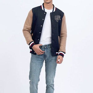 OEM personalizado Streetwear bordado Graffiti Bomber hombres Letterman Varsity azul oscuro/beige manga personalizada chaqueta de béisbol para los hombres - Product Image 1