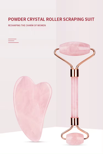 Commercio all'ingrosso di <span class=keywords><strong>pietra</strong></span> naturale quarzo <span class=keywords><strong>rosa</strong></span> <span class=keywords><strong>giada</strong></span> rullo viso corpo completo manuale Gua Sha Set di strumenti di massaggio - Product Image 3