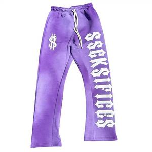 Personnalisé en détresse Patch Flare pantalons de survêtement hommes soleil fané français éponge empilé pantalon unisexe Streetwear lavé à l'acide Flare pantalons de survêtement - Product Image 1