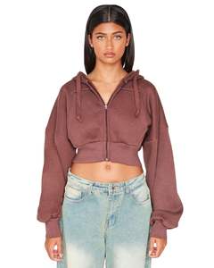 Customized Women <b>Brown</b> Cropped <b>Zip</b> Up <b>Hoodie</b> Long Sleeve Drawstring Hooded Sweatshirt Casual Streetwear Fashion Top For Ladies - Product Image 1