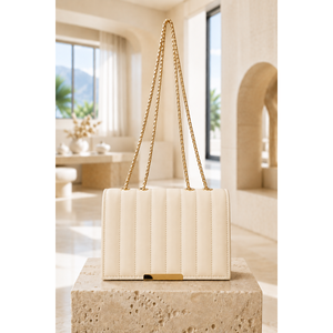 Beige Leather <b>Quilted</b> Pattern Bag Chain Strap <b>Single</b> Handle Geometric Striped Design Embroidery Fashion Lady PU Polyester Inner - Product Image 1