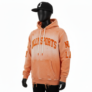 Premium 350GSM cotton fleece pullover <b>hoodie</b> distressed wash <b>orange</b> color with chenille patch custom logo Basics <b>Hoodie</b> - Product Image 2