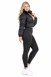 Black Hooded Solid Knitted Cropped Puffer Jacket <b>Women</b> Zip-Up Bomber <b>Coat</b> <b>for</b> Casual <b>Spring</b> Winter Wear - Product Image 3