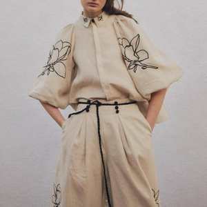 100% coton solide Coord ensemble tenue quotidienne haut à licou avec bouton broderie respirant écologique femmes - Product Image 6