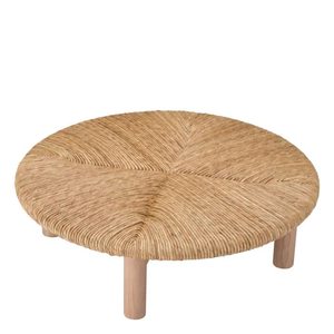 Table basse ronde moderne Cadre en bois de teck massif avec rotin tissé avec dessus en verre pour une utilisation intérieure et extérieure - Product Image 2