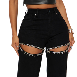 Jean droit taille haute en denim noir respirant pour femme, avec détail de découpe à la cuisse et garniture à clous argentés, style décontracté, longueur intégrale - Product Image 3