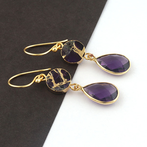 Round with Teardrop Shape <b>Earring</b> Mohave Copper Amethyst Turquoise & Amethyst Quartz Drops 18k Gold Plated Double Stone <b>Earring</b> - Product Image 4
