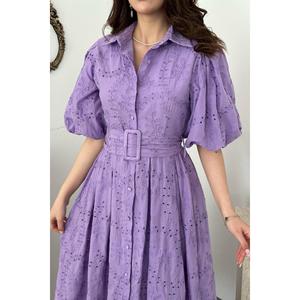 Vestido Midi Lila con Mangas Abullonadas Plisadas - 100% Algodón Tejido, Cintura Natural, Color Sólido - Product Image 4