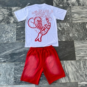 Sun Faded Screen Print Puff Print T-shirt Shorts Vintage Acid Wash Chándal con 2 piezas Traje de verano para hombres - Product Image 4