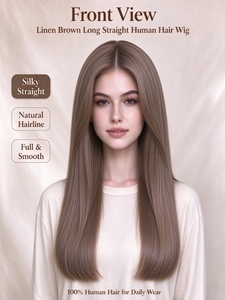 Premium 100% Human Hair Long Straight <b>Wig</b> Linen Brown Natural Hairline for Women - Product Image 1