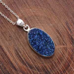 Collier pendentif pierre précieuse Druzy bleu fait à la main bijoux en argent Sterling pendentif élégant cadeau pour elle - Product Image 2