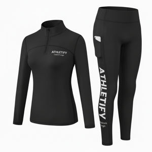 Ensemble de vêtements de sport pour femmes en 2 pièces, haut à manches longues avec fermeture éclair et leggings taille haute avec poche latérale pour téléphone, pour la salle de sport, le yoga, la course à pied. - Product Image 1