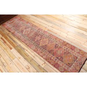 2.6x11.3 ft Turkish Rug, Vintage <b>Runner</b> Rug, <b>Red</b> Yellow Animal Print Wool Rug - Product Image 4