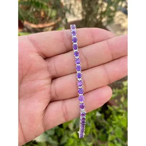 สร้อยข้อมือเทนนิสทองคำ 14k ประดับอเมทิสต์และเพชรทรงรี เครื่องประดับแฟชั่น - Product Image 1