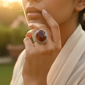 Bague en argent 925 pour femmes avec pierre précieuse cornaline, placage rhodium, sertissage en bélière, zircon, perle comme pierre principale pour mariage - Product Image 1