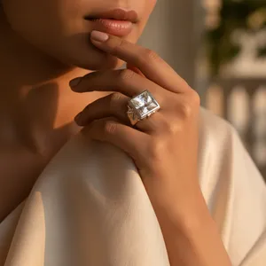 Bague Cocktail Chevalière Art Palace en Argent 925 avec Zircon Taille Princesse Sertie Clos, Géométrique Classique, Unisexe, Usage Quotidien - Product Image 2