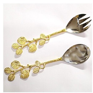 Stainless Steel Brass Metal Branch Shape Gold Plated Handle Salad Server set 2 Luxury Style Cutlery <b>Flatware</b> - Product Image 6