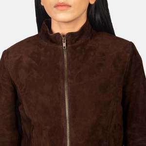 Rumella Ladies' Reversible Biker <b>Jacket</b> in Mocha <b>Suede</b> <b>Leather</b> Double Breasted Outerwear with Custom Logo Soft for Autumn Season - Product Image 6