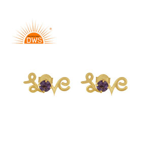 Mejor Venta de plata esterlina 18K chapado en oro Natural amatista piedra preciosa amor diseño Stud pendiente Demi joyería fina fabricante - Product Image 1