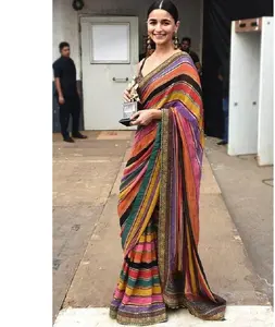 Georgette Saree — Sari en soie avec impression numérique, nouveau design indien et pakistanais, tissu à paillettes vertes, bordure en dentelle, pour le travail,