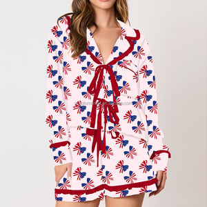 Summer <strong>Patriotic</strong> Fireworks Flag Print Long Sleeve Shirt <strong>Shorts</strong> Pajama Set Women - Product Image 4