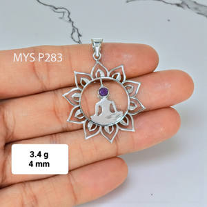 Pendentifs en améthyste violette, design bouddhiste, pendentif en argent sterling 925 massif avec pierre précieuse ronde, bijoux - Product Image 1